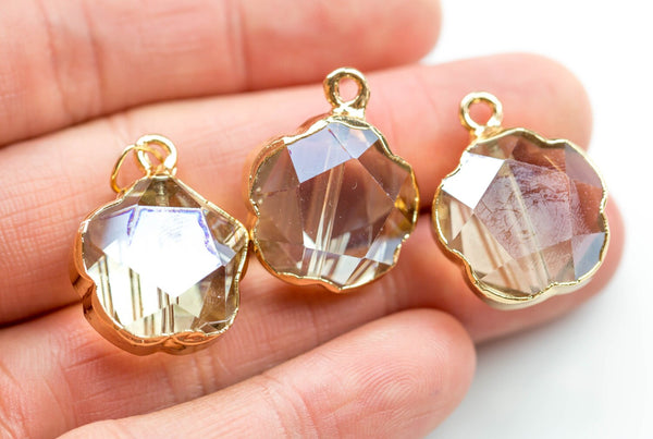 Cute!! Champagne Crystal Wrapped In Gold Charm / Pendants- Flower Shaped / Four leaf daisy 14*14mm