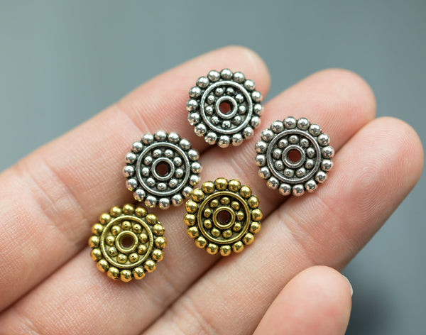 12 Rondelle Roundel Large Daisies Bali Style PEWTER BEADS 14mm 1356-5538