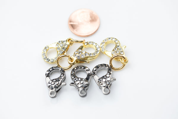3 Lobster Clasps - Pave Crystal Medium Size Double Sided - Gold or Gunmetal Marcasite - 11*20mm - 3 pcs
