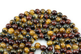 Natural Multi-Tigereye Tiger's Eye, High Quality in Round, 8mm, 10mm, 12mm -Full Strand 15.5 inch Strand Smooth Gemstone Beads
