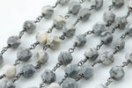 Matte Picasso Jasper Faceted Nugget Rosary Chain - 8mm - Hexagon Shape - Gunmetal- by the Foot or Yard