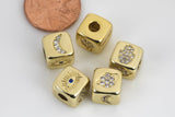 1 pc 18kt Gold - Lucky Symbol Cube Bead- Different Symbols on each side- Evil eye, Hamsa Hand, Moon, Planets- 5mm Hole- 9mm