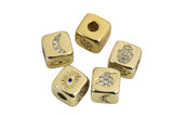 1 pc 18kt Gold - Lucky Symbol Cube Bead- Different Symbols on each side- Evil eye, Hamsa Hand, Moon, Planets- 5mm Hole- 9mm
