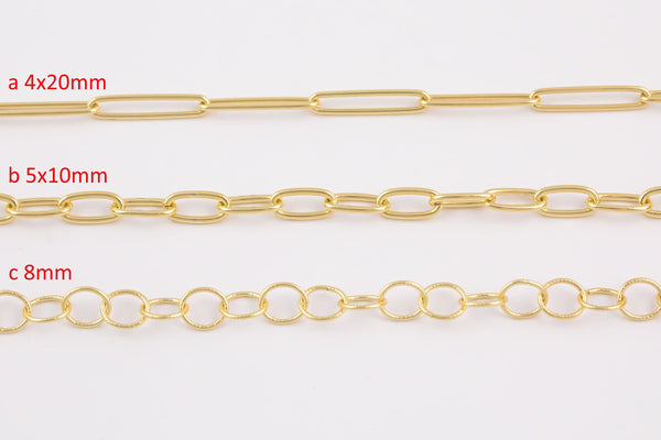14k Gold Plated Paperclip Chains - Tarnish Resistant Paperclip Chain Oval Chain Textured Round Chains 4x20mm 5x10mm 8mm Sold By the Yard