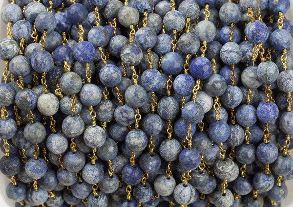 CLOSE OUT SALE!!! 1 Yard / 3 Feet !!! Faceted Round Lapis Rosary Chain by the yard. 6mm Gold Plated Wire- Footage or Whole Spool