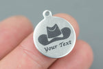 Cowboy Hat Custom Stainless Steel Charms -- Your Text Here - Laser Engraved Silver Tone - 45 Fonts - Bulk Pricing