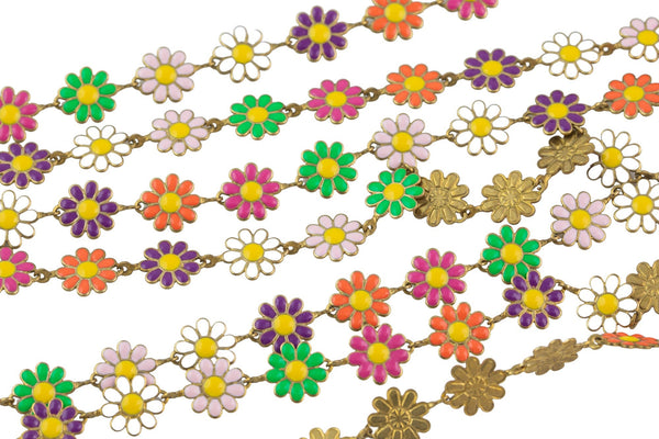 Multicolor Enamel Chain Flower Daisy - Solid Natural Brass - 10mm - By the Yard