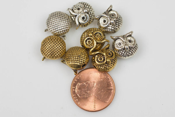 10 or 50 pcs Owl Bead 11mm Bead Pewter. Gold, silver, or gunmetal.