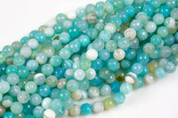 Aqua Blue Banded Agate, High Quality in Faceted Round, 6mm, 8mm, 10mm, 12mm- Full 15.5 Inch Strand