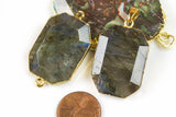 Labradorite Long Faceted Hexagon Pendant or Connector Gold Plated 31mm 1 piece. LOTS OF FIRE.