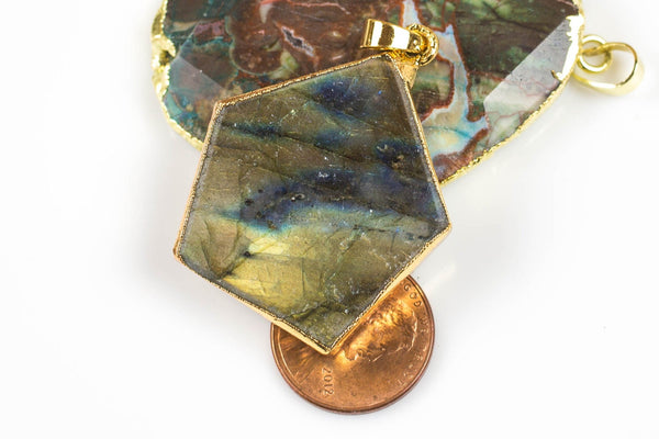 Labradorite Polygon Pendant or Connector Gold Plated 33mm 1 piece. LOTS FIRE GUARANTEED.