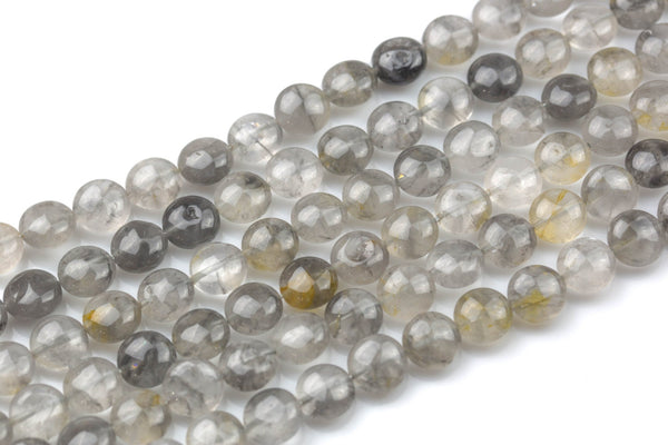 Natural Cloudy Quartz- Puffy Coin Beads-10mm- 41 Pieces- Special Shape- Full Strand- 16 Inches Gemstone Beads