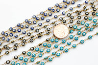 Evil Eye Coin Chain Brass in Enamel- 5mm, 6mm - By The Yard / 3 Feet