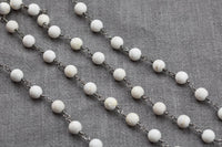 CLOSE OUT SALE!!! 1 Yard / 3 Feet !!! Matte-Finished White Turquiose Rosary Chain-- High Quality 8mm round Matt-- Gun Metal Plated Brass