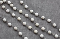 CLOSE OUT SALE!!! 1 Yard / 3 Feet !!! Matte-Finished White Turquiose Rosary Chain-- High Quality 8mm round Matt-- Gun Metal Plated Brass