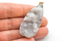 White Natural Quartz Druzy Wrapped in Gold Teardrop Pendant