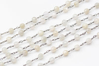 Gunmetal White Moonstone Rosary Chain by the Foot. 4 and 6mm Faceted Round