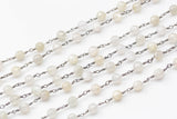 Gunmetal White Moonstone Rosary Chain by the Foot. 4 and 6mm Faceted Round