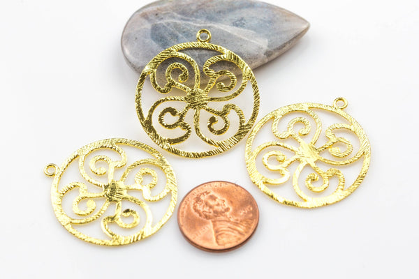 Brushed Gold Round Intricate Detail- Pendants- High Quality- 30mm- 3 pieces per order- Nice and Light
