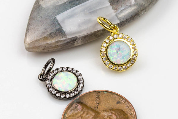 Tiny Opal Coin Tag Charm or connector Wrapped in Cz Gunmetal- Perfect for Chokers or Bracelets!