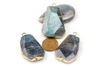 Labradorite Long Faceted Hex Drop Pendant or Connector Gold Plated 25*35mm 1 piece. LOTS OF FIRE.