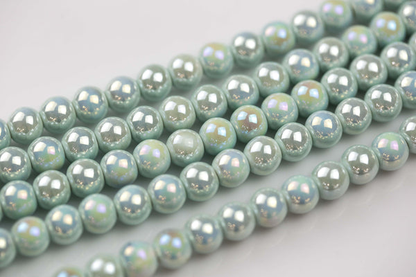6mm 8mm 12mm Ceramic Smooth Round-11.5 inches per strand- Powder Teal Ab