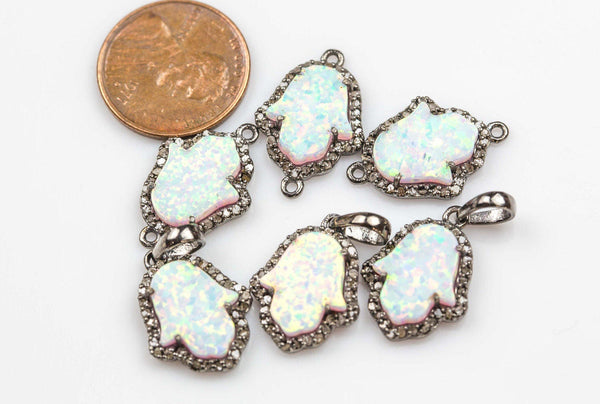 Pave REAL DIAMOND set in sterling silver-- Diamond Opal Hamsa Hand Connector or Charm