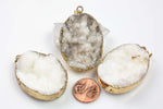 White Natural Quartz Druzy Wrapped in Gold Oval Pendant