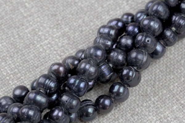 9-10mm Large Hole Freshwater Black Pearl, 8 Inch Strand Big Hole Beads