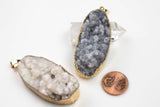 White Or Dark Natural Quartz Druzy Wrapped in Gold Oval Pendant