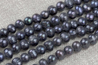 9-10mm Large Hole Freshwater Black Pearl, 8 Inch Strand Big Hole Beads