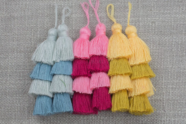 Ombre Puffy Tassels- 75mm - Triple Color- High Quality-30 Colors- Medium Size Solid Colors-2 pcs Per Order- Perfect for Earrings