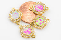 Tiny Pink Opal Hexagon Tag Charm Wrapped in Cz- Perfect for Chokers or Bracelets!- Connector