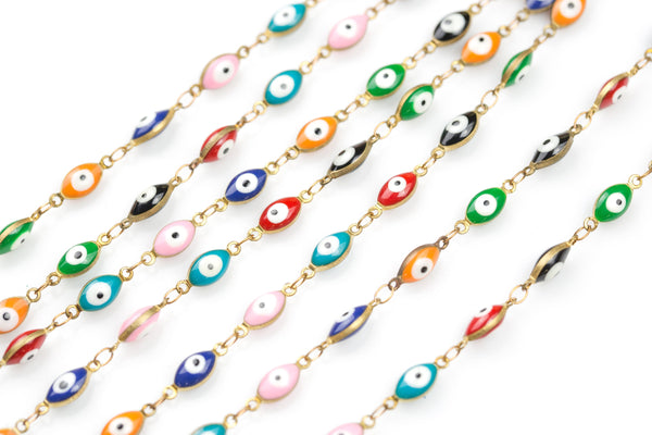 Evil Eye Necklace Marque Shape Multicolor-Chain Brass in Enamel- 5x12mm/4x10mm - By the Yard / 3 Feet