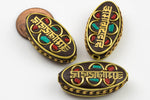 Tibetan Beads- Oval Marque- Turquoise and Coral on brass Inlays