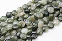 Natural 14mm Puffy Coin, Green Rutilated Quartz- Full 15.5 Inch Strand Gemstone Beads