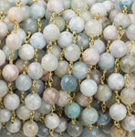 Natural Blue Aquamarine Rosary Chain- 6mm or 8mm Faceted Round- Gold Plated Brass Wire - Rosary Style Chain - Chain per foot