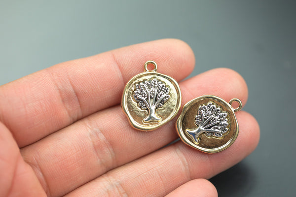 5 Tree Charms Gold Coin with Silver Tree, Tree of Life Charms, round coin charms, 24x20mm