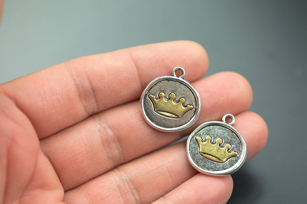 4 Tree Charms Silver Coin with Gold Crown, Crown Charms, round coin charms, 24x20mm