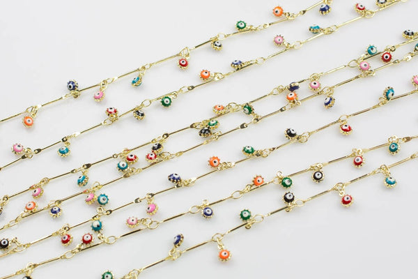 Evil Eye Necklace Chain Multicolor Dangly Enamel Chain with Evil Eye Coin Drops Brass 5mm By the Yard