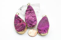 Hot Pink Fuchsia Quartz Druzy Druzies Wrapped in Gold Teardrop Pendant