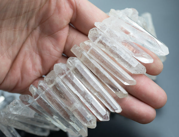 Natural Large Raw Brazilian Quartz Crystal Points - Top Drilled - Approx. 46 pcs - Full Strand Gemstone Beads