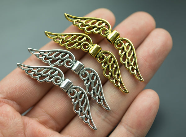 6 Large Angle Wing Charms PEWTER BEADS 12x53mm 391-10808