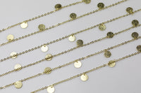 New!! Brushed Gold Coin Drop Chain - Light Gold Plated Brass - High Quality Gold Plating!!! By THE YARD / 3 feet