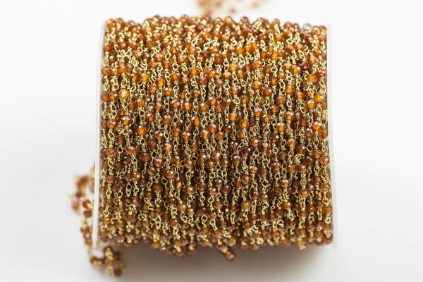 Hessonite Garnet SHARP CUT DiAMOND CUT Brilliant Super High Quality Rosary Chain by the Foot. 2-3mm - Gold Plated Wire