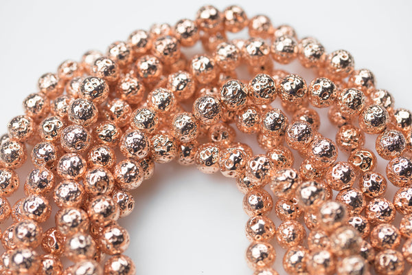 Rose Gold Plated Lava Rock Round Beads- Single Strand or Wholesale Bulk- -Full 15.5 Inch Strand, 4mm, 6mm, 8mm, 12mm, or 14mm Beads