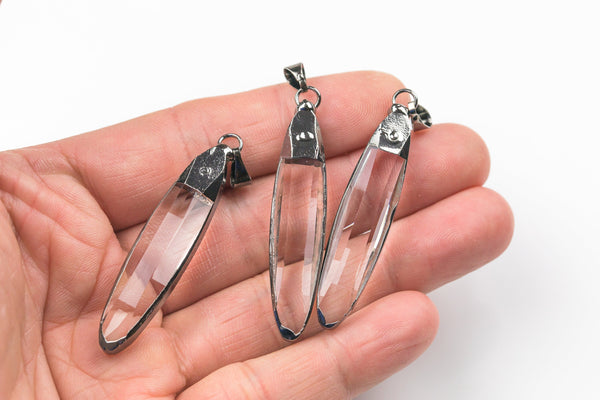 Clear Crystal Wrapped In Gunmetal Oval Teardrop Pendants- Large Size 11x50mm