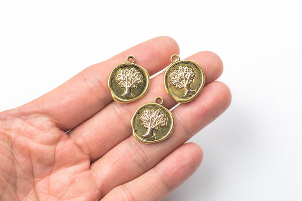 5 Tree Charms Gold Coin, Tree of Life Charms, round coin charms, 24x20mm