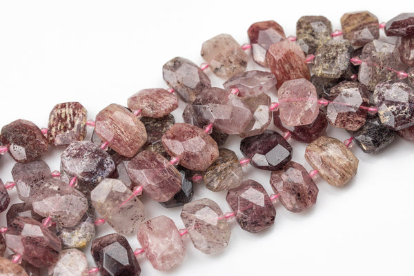 Natural Strawberry Quartz- ~16x23mm - Hand Faceted Flat Rectangular Nuggets - 16" Strand Gemstone Beads