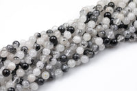 Natural Black Tourmalinated Quartz Beads - Black Rutiled Quartz Beads - Grade AAA - Round 6mm 8mm 10mm 12mm - Full 15.5" Smooth